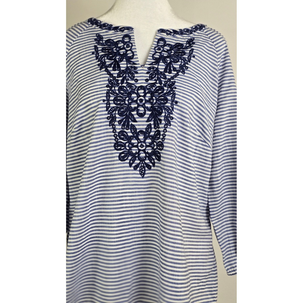 Talbots Womens‎ Blue White Striped Embroidered Split Neck Tunic Top Medium